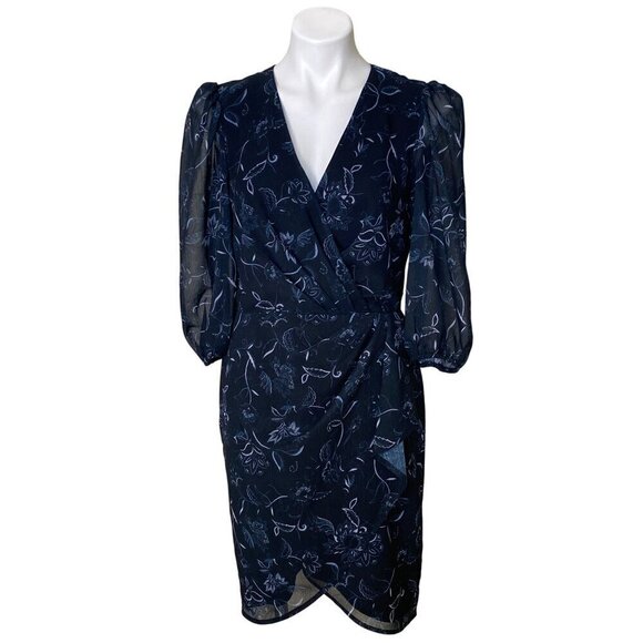 Halogen Navy Floral Wrap Dress, Sheer Puff Sleeves & Tulip Hem Women's Size M - Picture 2 of 10